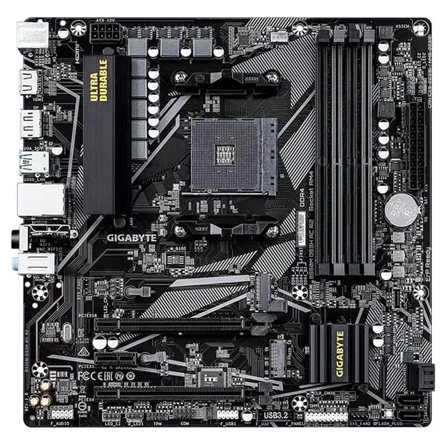 Placa-mãe Gigabyte B550M DS3H AC R2, vista frontal, sem perspectiva