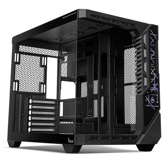 Gabinete Mancer Hemlok, preto, vista frontal e lateral