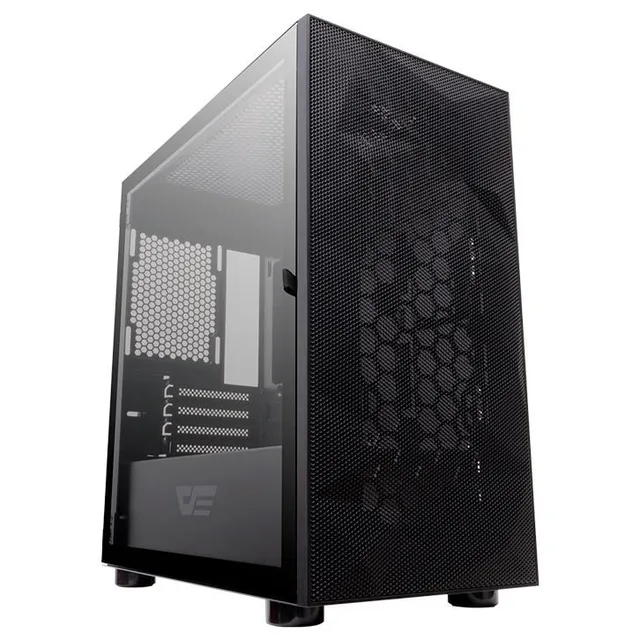 Gabinete Aigo DarkFlash DLM 21 Mesh Preto Lateral Vidro na cor preto, vista frontal e lateral