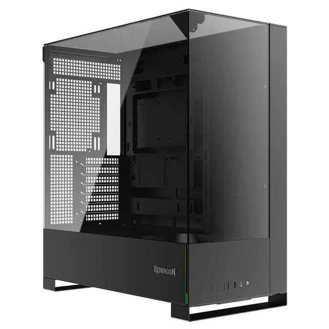 Gabinete Redragon Darkline preto, vista frontal e lateral