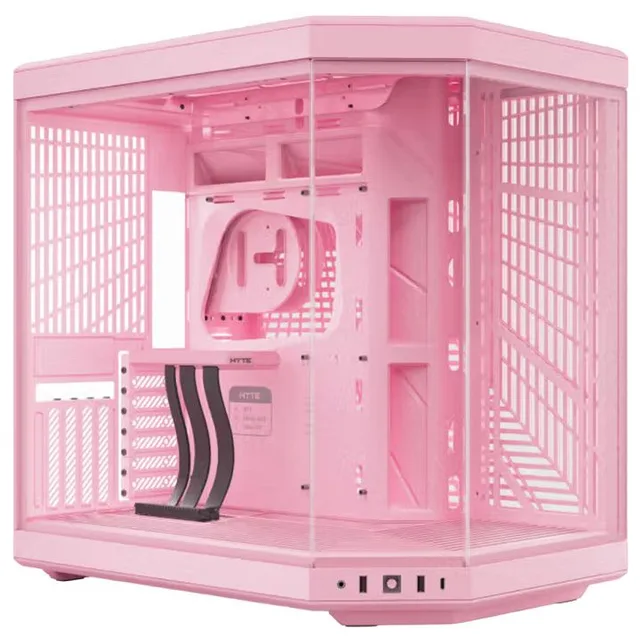 Gabinete HYTE Y70, rosa, vista frontal e lateral