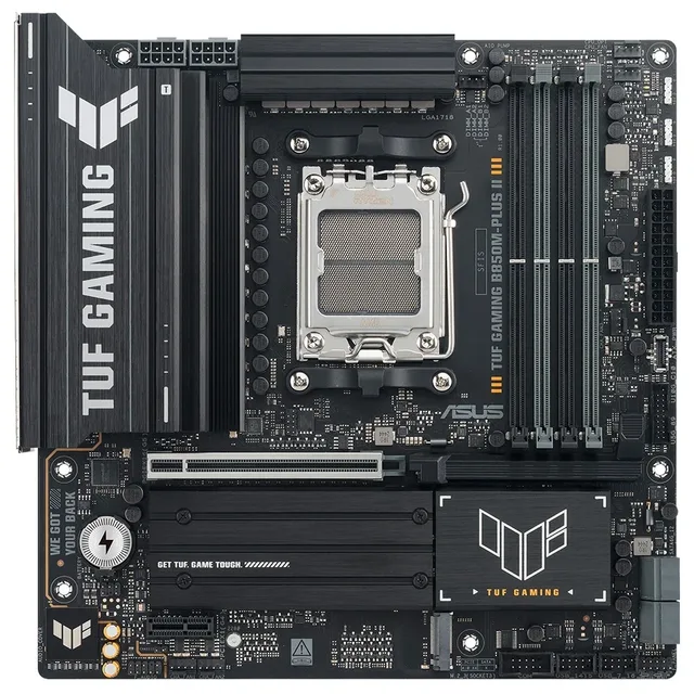 Placa-mãe ASUS TUF GAMING B850M-PLUS II, vista frontal, sem perspectiva
