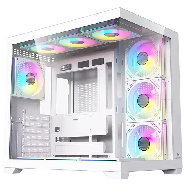 Gabinete Acegeek Omniview, branco, vista frontal e lateral