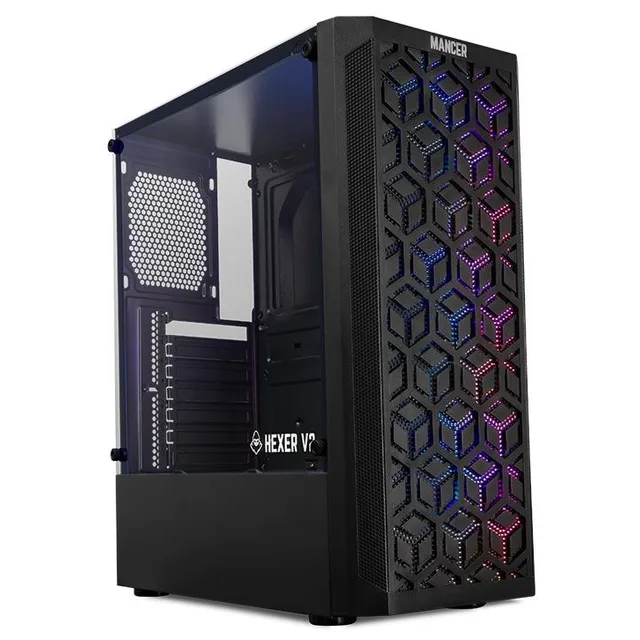 Gabinete Mancer Hexer 2 na cor preto, vista frontal e lateral