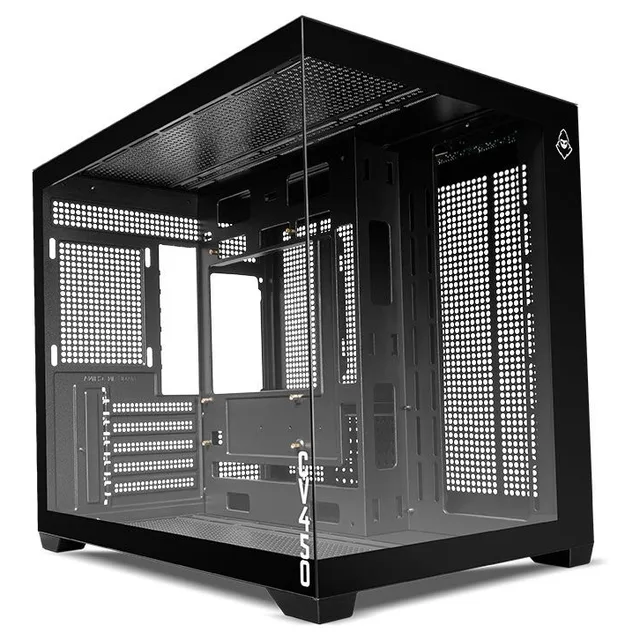Gabinete Mancer CV450 preto, vista frontal e lateral