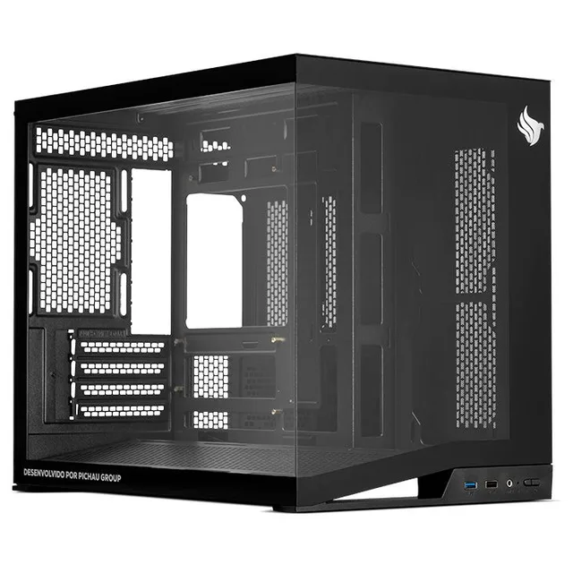 Gabinete Pichau Osiris, preto, vista frontal e lateral