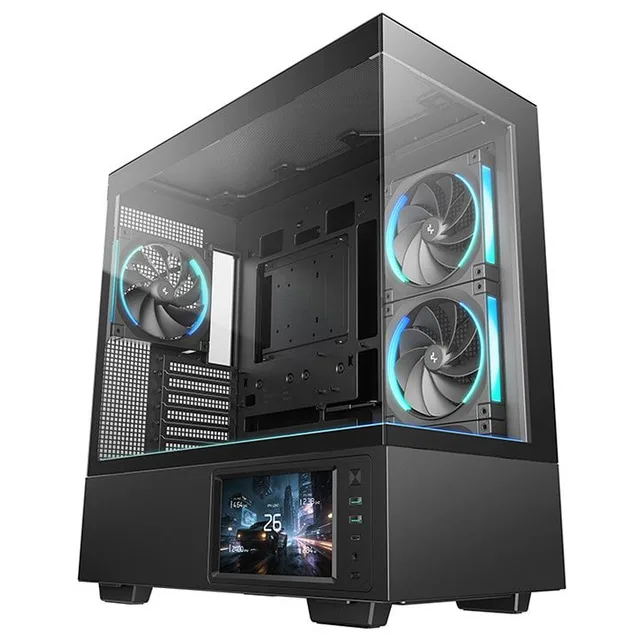 Gabinete DeepCool CH690 LCD, preto, vista frontal e lateral