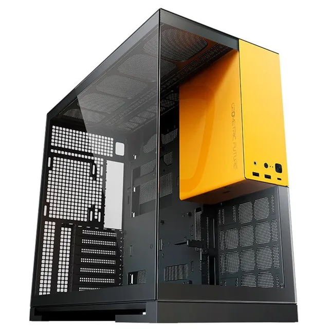 Gabinete Geometric Future Model 5 na cor preto e amarelo, vista frontal e lateral