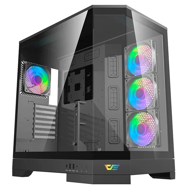 Gabinete Aigo Darkflash DQX90 na cor preto, vista frontal e lateral