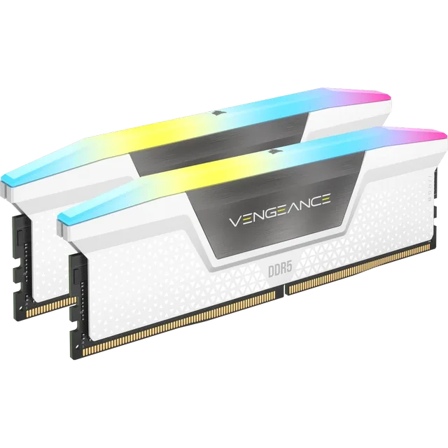 Corsair Vengeance RGB 32 GB (2x16 GB) DDR5-6000 CL36, vista lateral do kit com 2 módulos de 16 GB