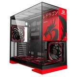 Gabinete Geometric Future Model 5 Redragon, preto, vermelho, vista frontal e lateral