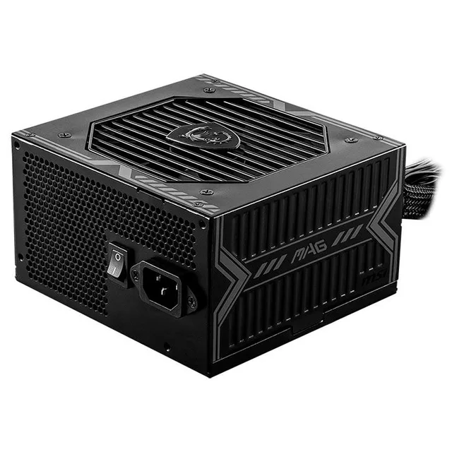 MSI MAG A650BN 650 W, vista em perspectiva com entrada de energia e cabos