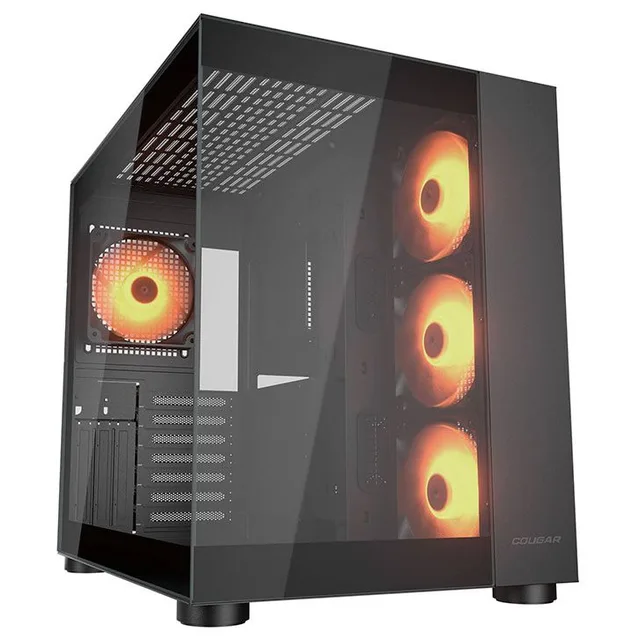 Gabinete Cougar FV150 na cor preto, vista frontal e lateral
