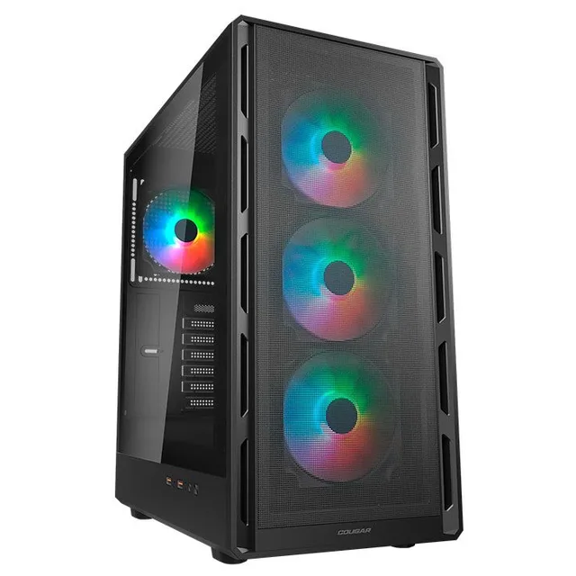 Gabinete Cougar Airface Pure na cor preto, vista frontal e lateral