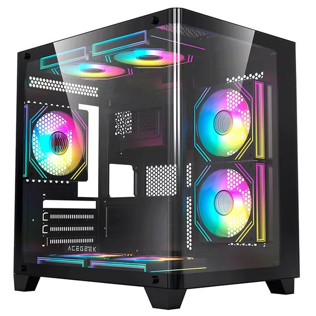 Gabinete Acegeek Arcane preto, vista frontal e lateral