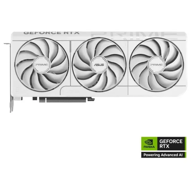 ASUS PRIME GeForce RTX 5070 White OC Edition 12GB GDDR7, placa sem embalagem com o lado das ventoinhas visível
