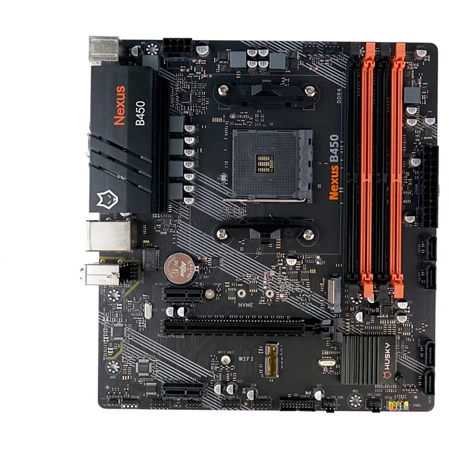 Placa-mãe Husky Nexus B450, vista frontal, sem perspectiva