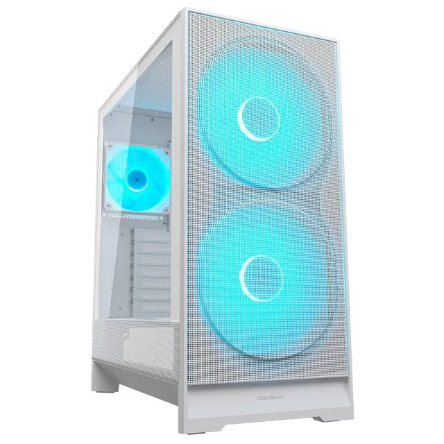 Gabinete Cougar Airface 180 branco, vista frontal e lateral