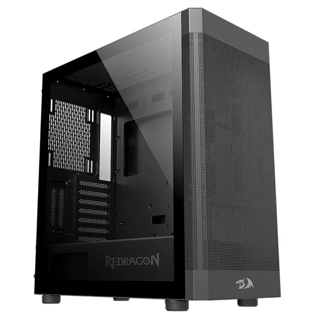 Gabinete Redragon Aeroglass preto, vista frontal e lateral