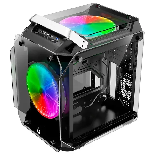 Gabinete Rise Mode Zeus Glass 02 Black Argb, vista frontal e lateral