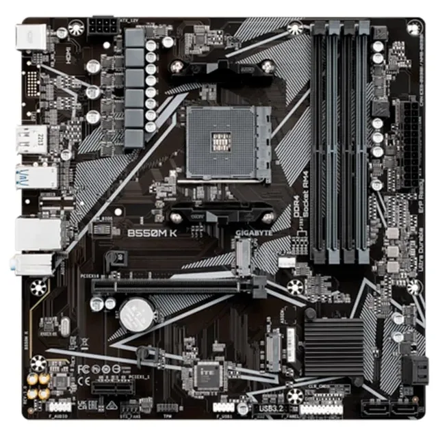 Placa-mãe Gigabyte B550M K, vista frontal, sem perspectiva