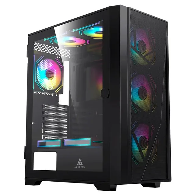 Gabinete Acegeek Terminator Type C na cor preto, vista frontal e lateral