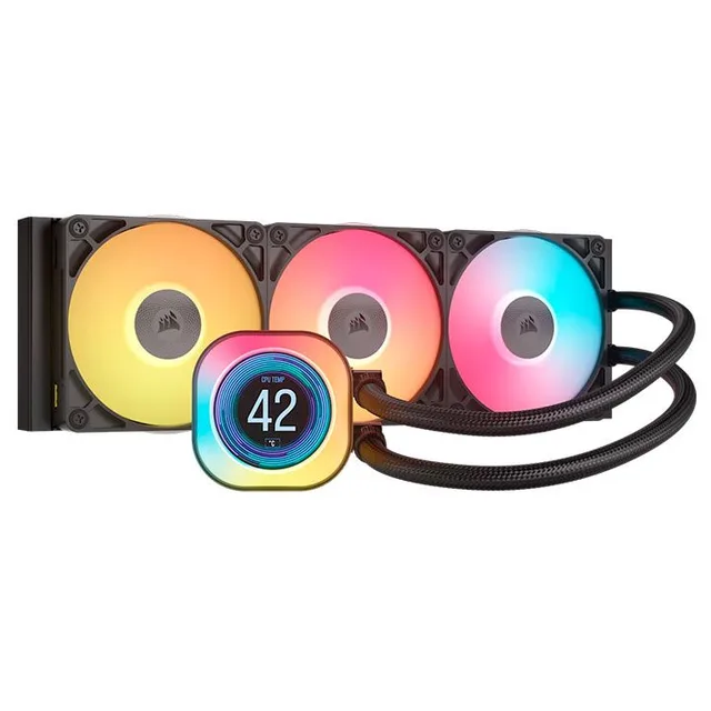 Cooler Corsair iCUE LINK TITAN 360 RX LCD, preto, vista em perspectiva.