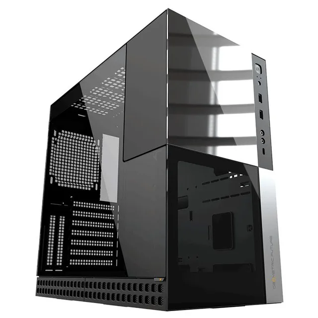 Gabinete Geometric Future Model 4 Caliburn preto e amarelo, vista frontal e lateral