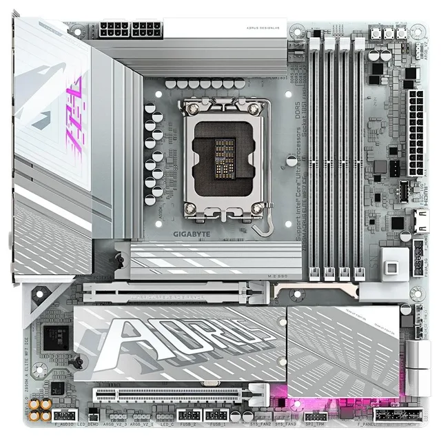 Placa-mãe Gigabyte Z890M AORUS ELITE WIFI7 ICE, vista frontal, sem perspectiva