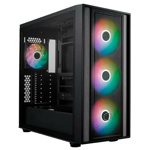 Gabinete Cooler Master Masterbox 600 na cor preto, vista frontal e lateral