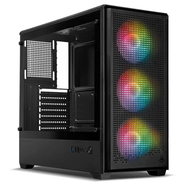 Gabinete Mancer Mugen, preto, vista frontal e lateral