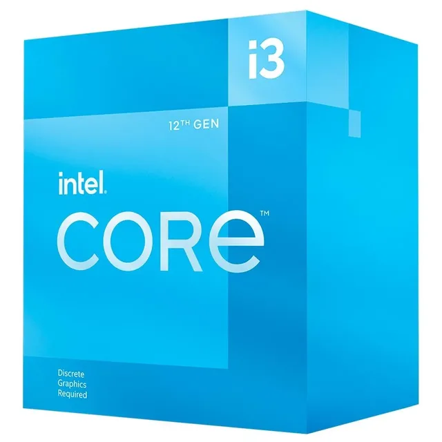 Caixa Intel Core i3-12100F; frente indica que requer gráficos dedicados
