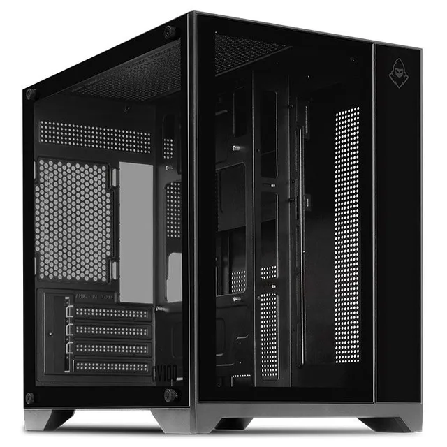 Gabinete Mancer CV100 preto, vista frontal e lateral