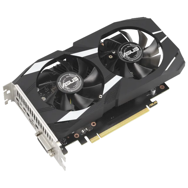 ASUS Dual GeForce RTX 3050 OC Edition 6GB GDDR6, placa sem embalagem com o lado das ventoinhas visível