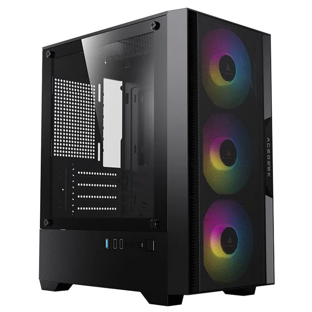 Gabinete Acegeek Stratus Mesh, preto, vista frontal e lateral
