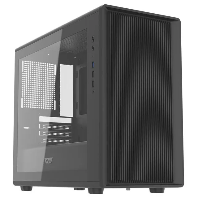 Gabinete Aigo Darkflash DB460M na cor preto, vista frontal e lateral