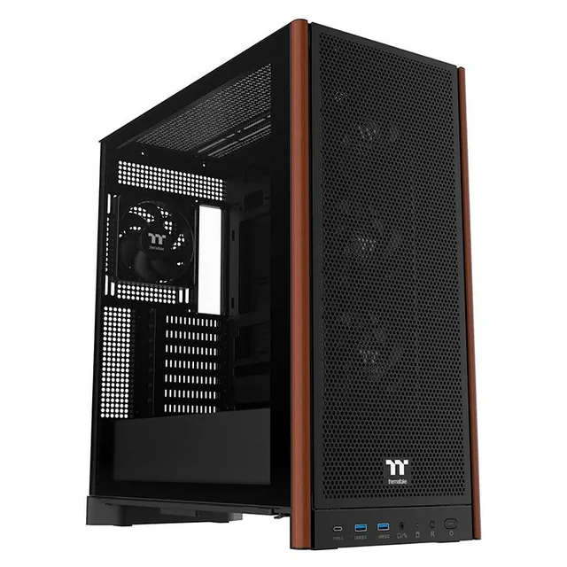 Gabinete Thermaltake S370 Wood Style, preto, vista frontal e lateral