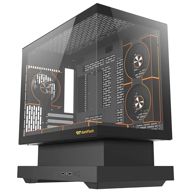 Gabinete Aigo Darkflash Floatron F1 na cor preto, vista frontal e lateral