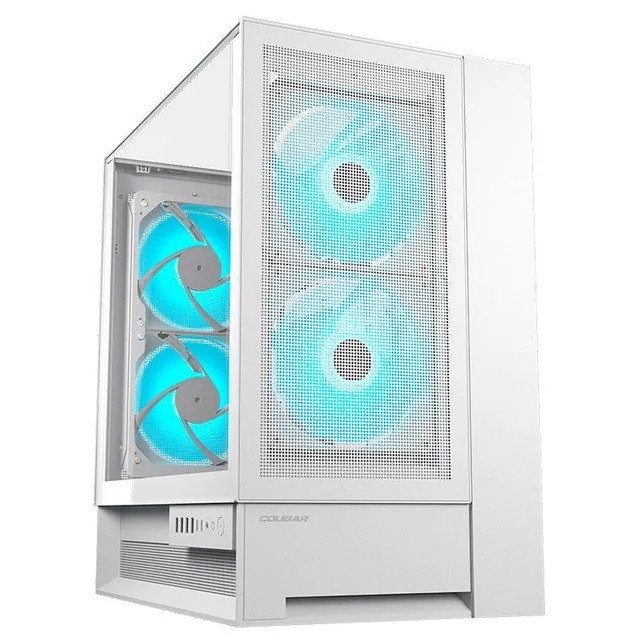 Gabinete Cougar OmnyX na cor branco, vista frontal e lateral