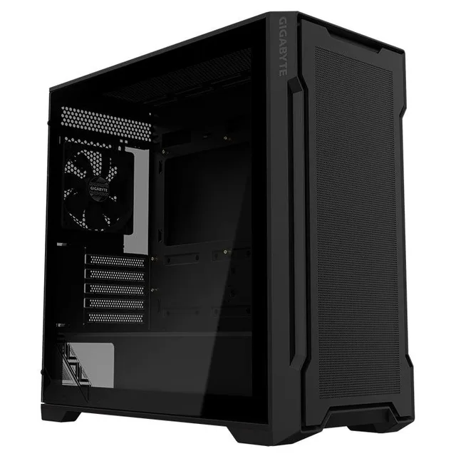 Gabinete Gigabyte C102 Glass, preto, vista frontal e lateral