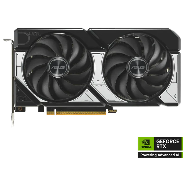 Placa de vídeo ASUS Dual GeForce RTX 5060 OC, vista frontal das ventoinhas