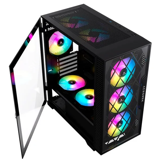 Gabinete Acegeek Darkfate Mini Glass, preto, vista frontal e lateral
