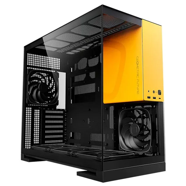 Gabinete Geometric Future Model 5 na cor preto e amarelo, vista frontal e lateral