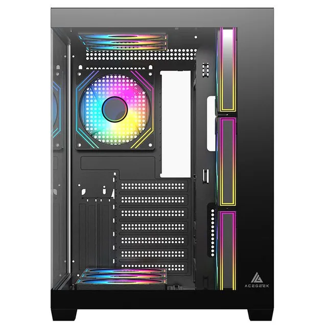 Gabinete Acegeek Omniview, preto, vista frontal e lateral