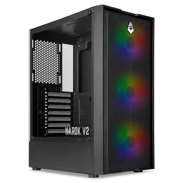 Gabinete Mancer Narok V2, preto, vista frontal e lateral