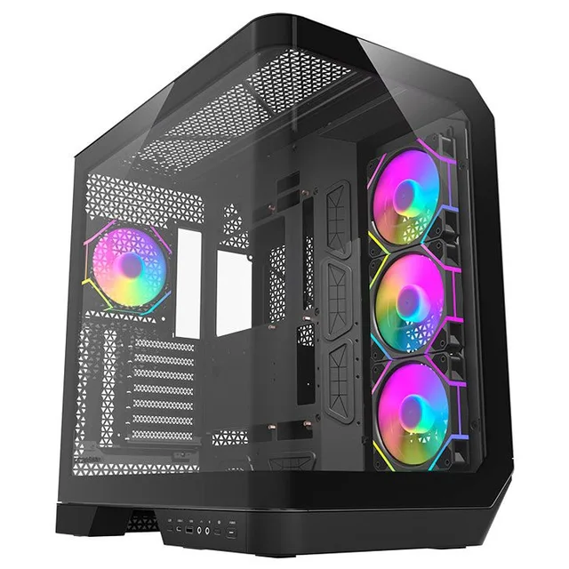 Gabinete Aigo Darkflash Arcee DY570, preto, vista frontal e lateral