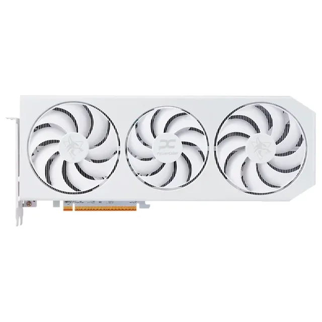 PowerColor RX 9070 XT Hellhound Spectral White, placa sem embalagem com o lado das ventoinhas visível