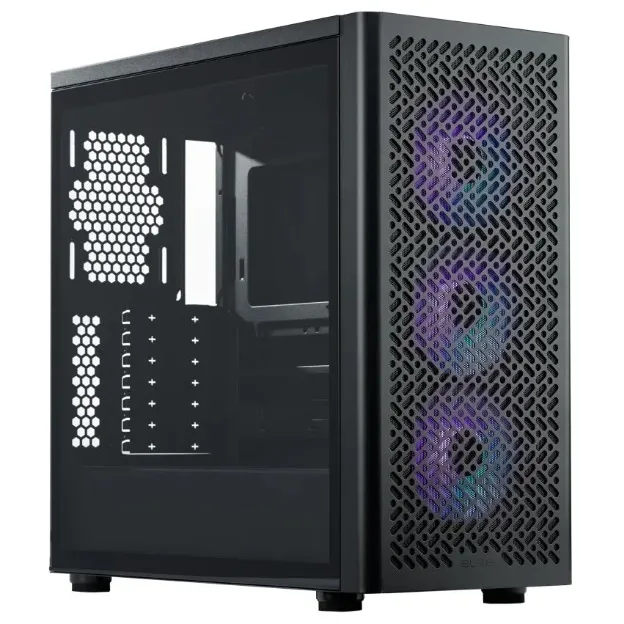 Cooler Master Elite 502 preto, frente e lateral com as três ventoinhas ARGB incluídas
