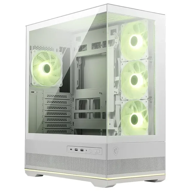 Gabinete MSI MAG PANO 110R PZ, vista frontal e lateral