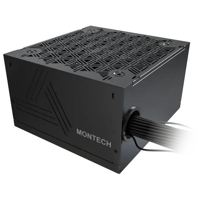 Montech BETA 2 650 W, vista da ventoinha, lateral e cabos sem embalagem